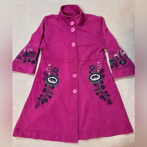 Johnny Was Floral Embroidered Stitched Pink Boho Cotton Coat Peacoat Sz L